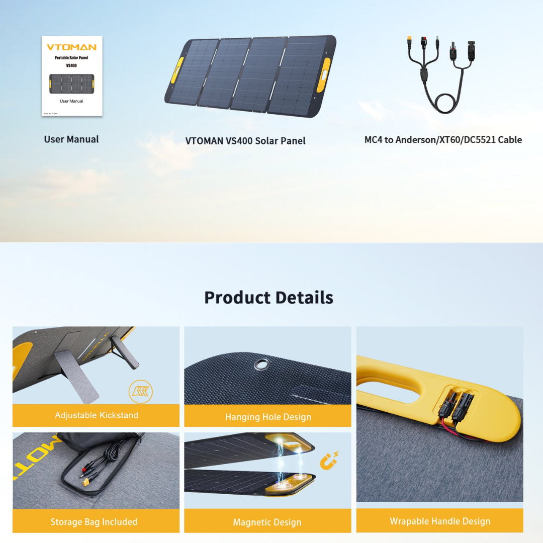 VTOMAN VS400 Panello Fotovoltaico Portatile 400W - 48V pieghevole con certificazione IP67 Impermeabile con Adattatori Anderson XT60 DC5521 adatto per Jump 2200 e FlashSpeed 1000/1500