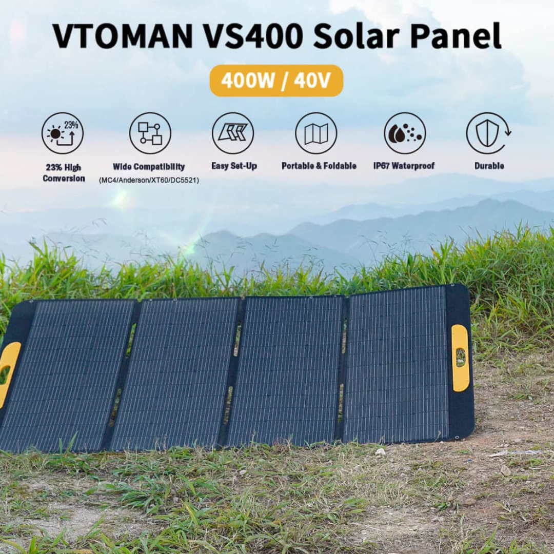 VTOMAN VS400 Panello Fotovoltaico Portatile 400W - 48V pieghevole con certificazione IP67 Impermeabile con Adattatori Anderson XT60 DC5521 adatto per Jump 2200 e FlashSpeed 1000/1500
