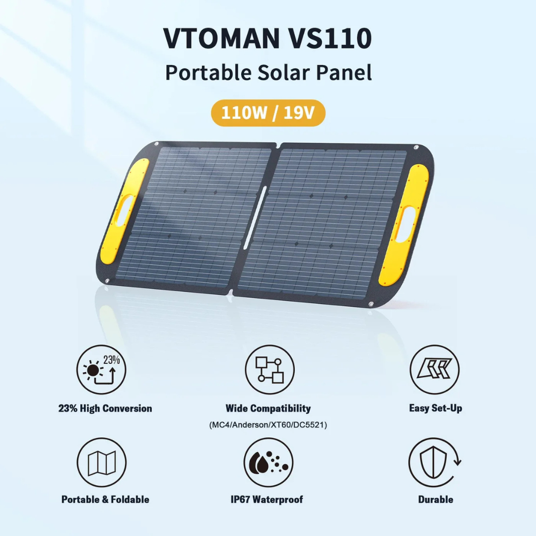 VTOMAN VS110 Panello Fotovoltaico Portatile da 110W - 19V pieghevole con certificazione IP67 impermeabile con adattatori Anderson XT60 DC5521 per Jump 600X/1500X/2200 e FlashSpeed 300/600/1000