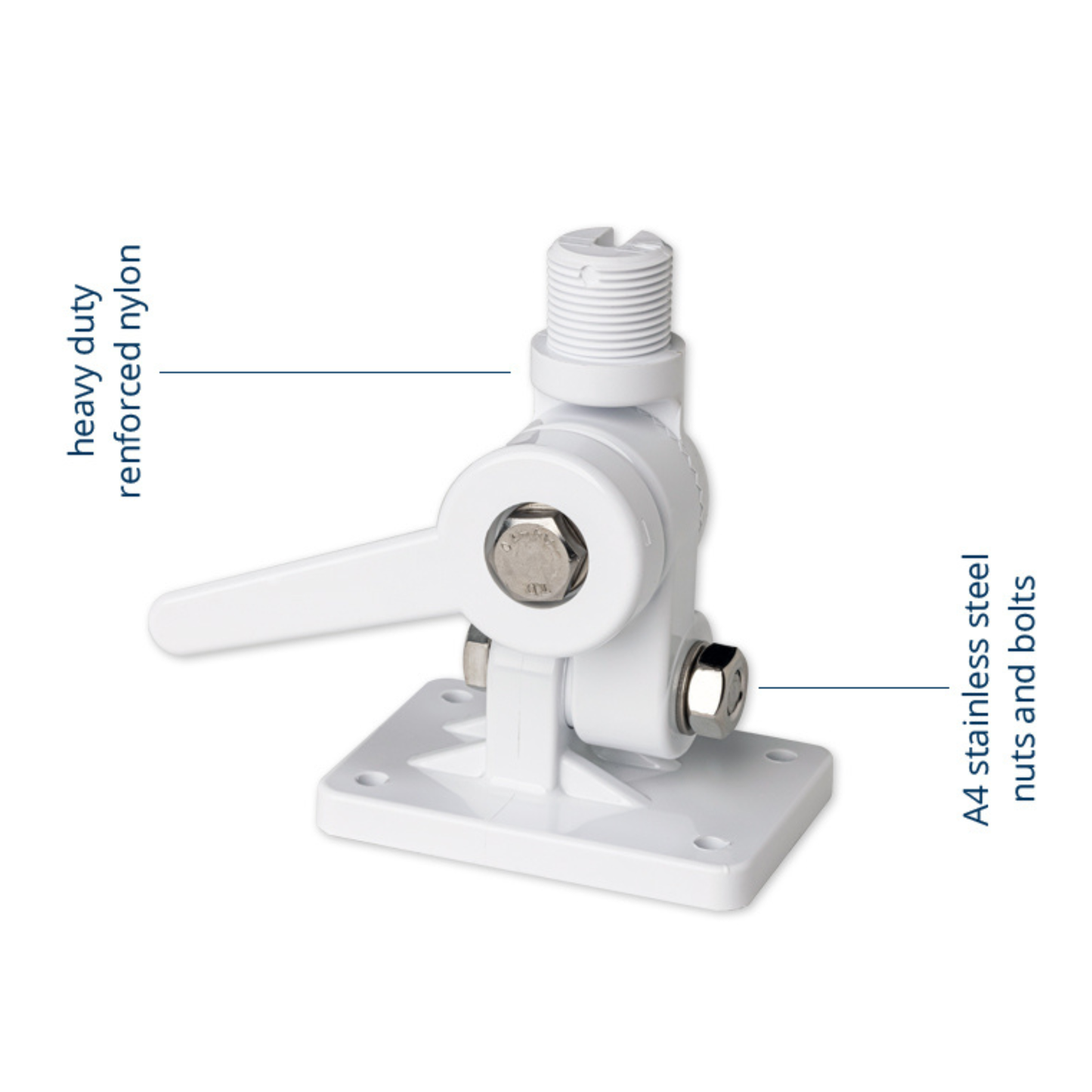 SCOUT PA-3 Base nautica di supporto in nylon bianca con regolazione a quattro vie per montaggio antenna standard 1? x 14 filetti