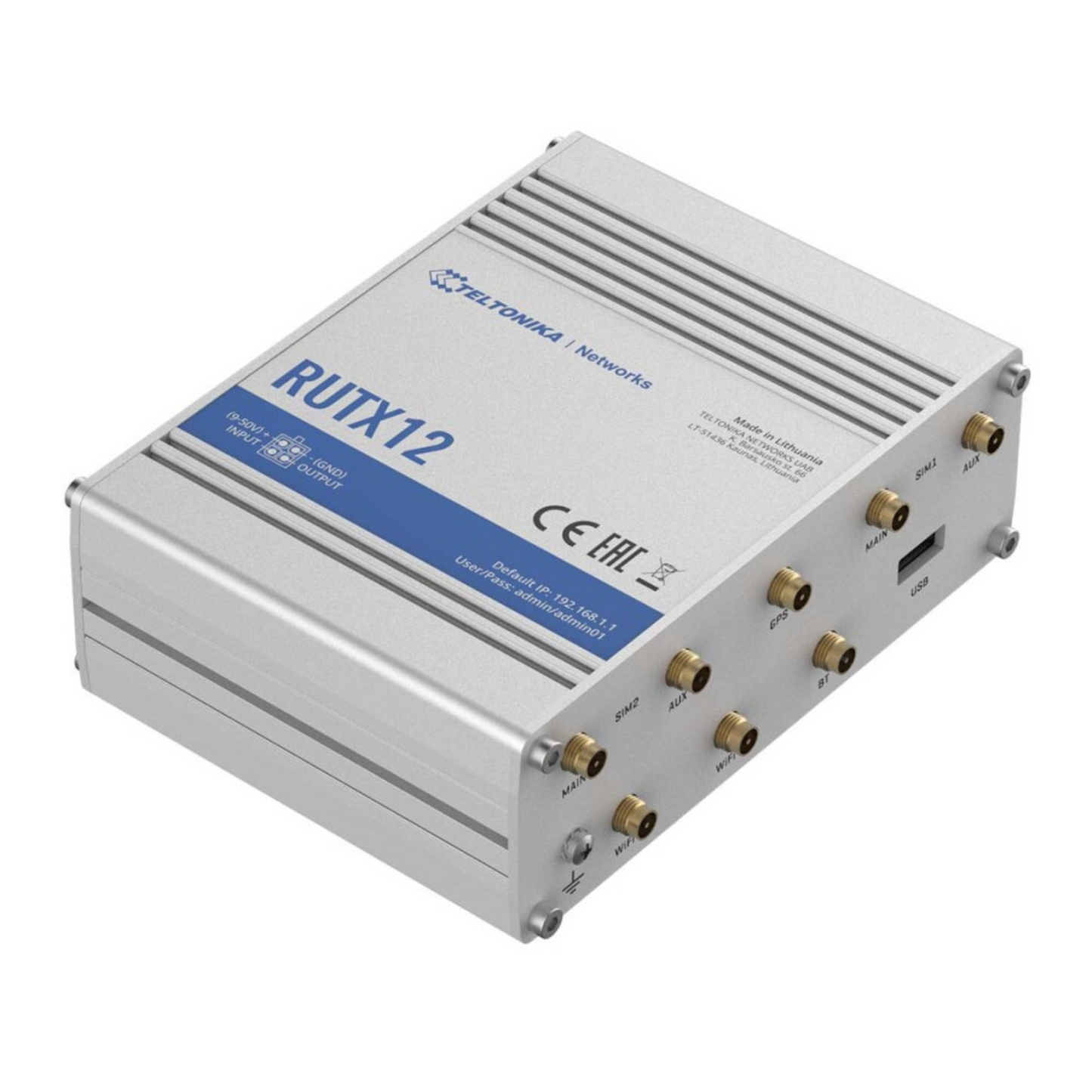 Teltonika RUTX12 Router with dual simultaneous LTE Cat 6 for failover and load balancing, 5 x Gigabit Ethernet ports, DualBand 802.11ac WiFi, Bluetooth LE and USB interface