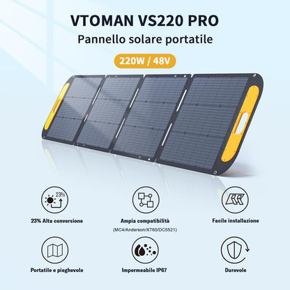 VTOMAN VS200 PRO Panello Fotovoltaico Portatile da 200W - 48V pieghevole con certificazione IP67 impermeabile con adattatori Anderson XT60 DC5521 per Jump 2200 e FlashSpeed 600/1000/1500