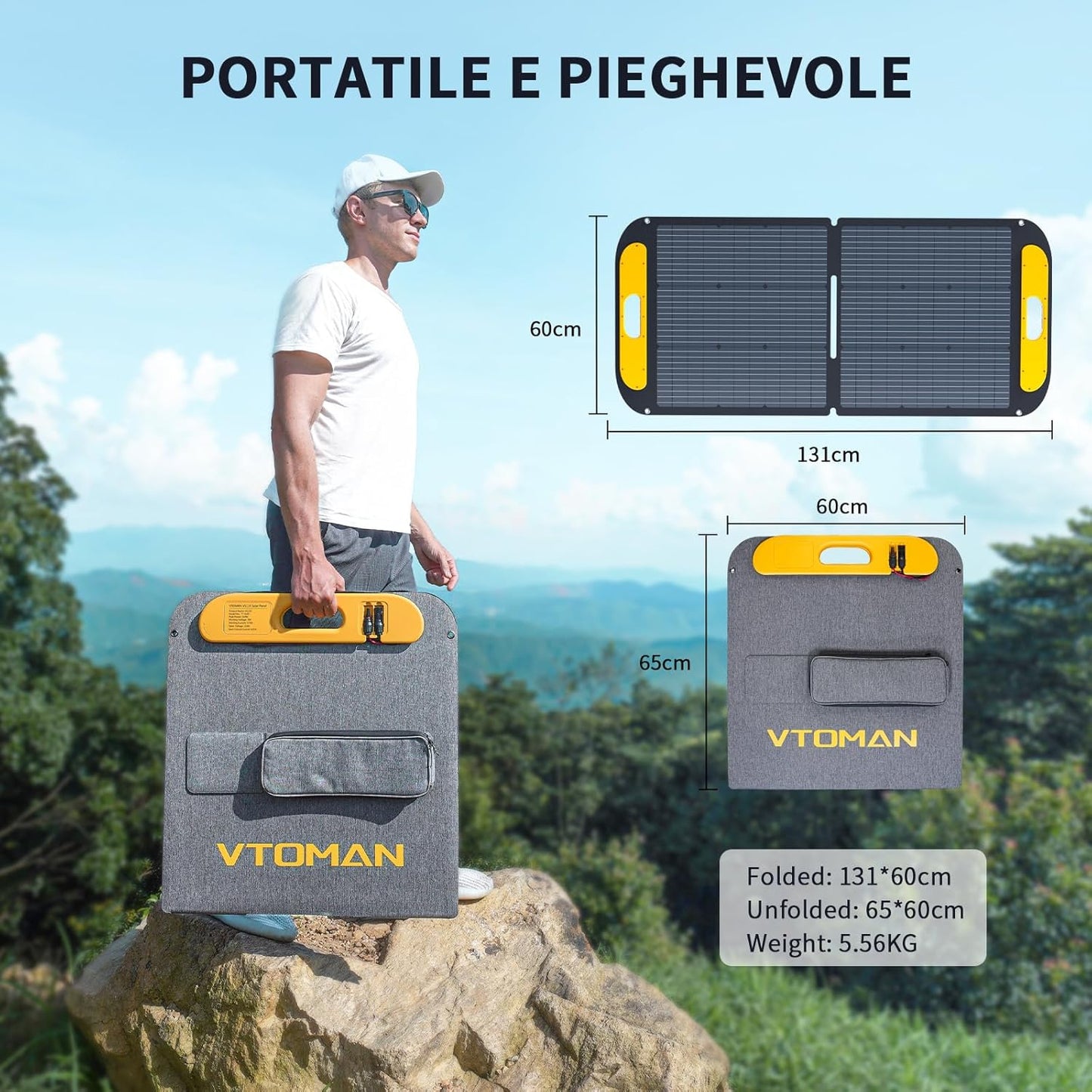 VTOMAN VS200 PRO Panello Fotovoltaico Portatile da 200W - 48V pieghevole con certificazione IP67 impermeabile con adattatori Anderson XT60 DC5521 per Jump 2200 e FlashSpeed 600/1000/1500
